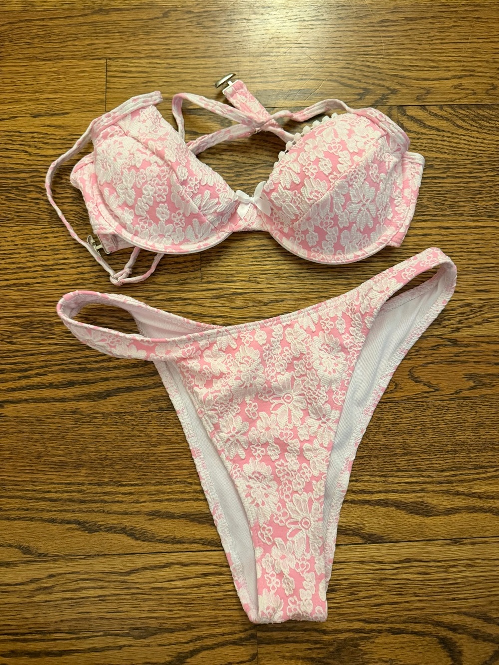SHEIN Pink and White Floral Lace Bikini Set unworn
